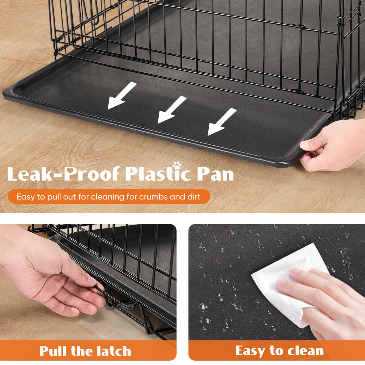 JHK Double Door Folding Metal Dog Cage With Leak-Proof Pan