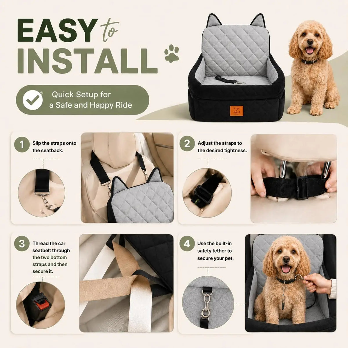 Dog Car Seat Booster With Safety Belt For Travel