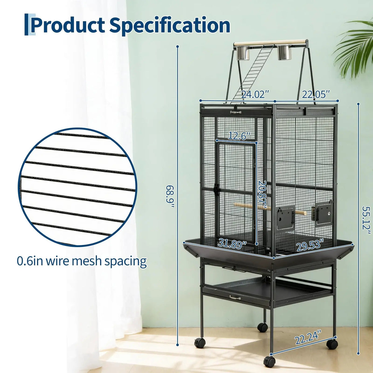 HiMISS Bird Cage With Rolling Stand And Play Top