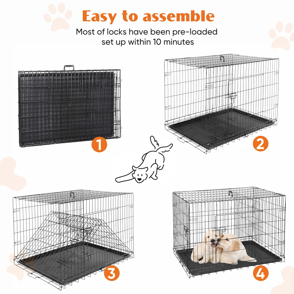 JHK Double Door Folding Metal Dog Cage With Leak-Proof Pan