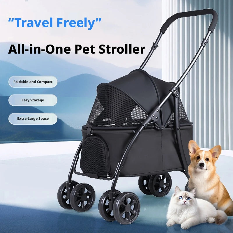 Foldable Pet Stroller With Shock Absorbing Wheels