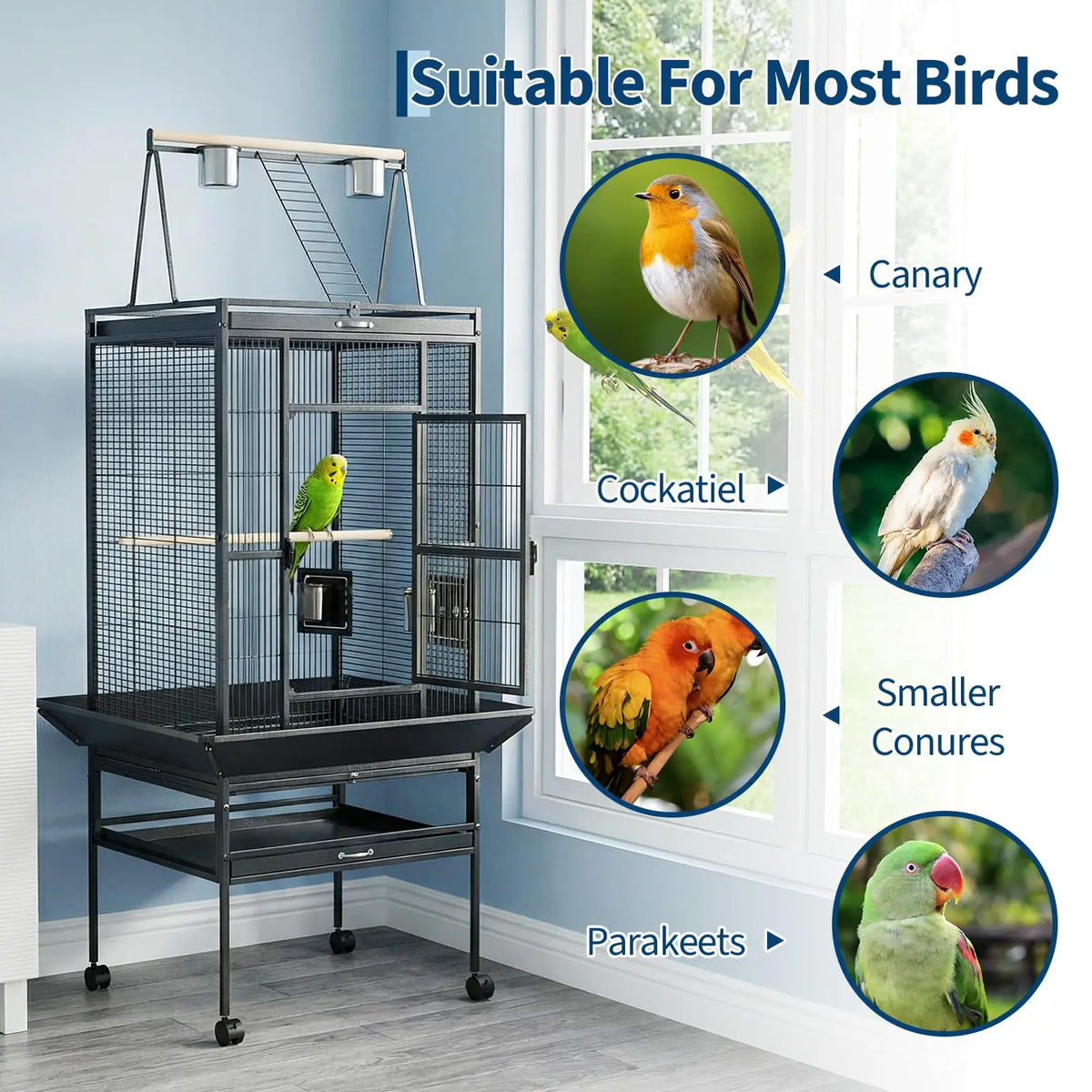 HiMISS Bird Cage With Rolling Stand And Play Top