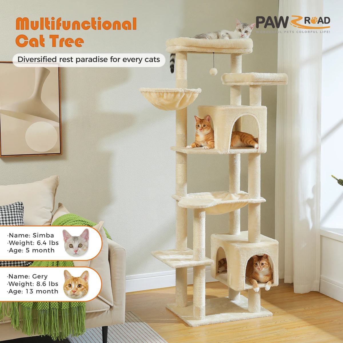 PAWZ Road Tall Cat Tree With Hammock Scratching Posts