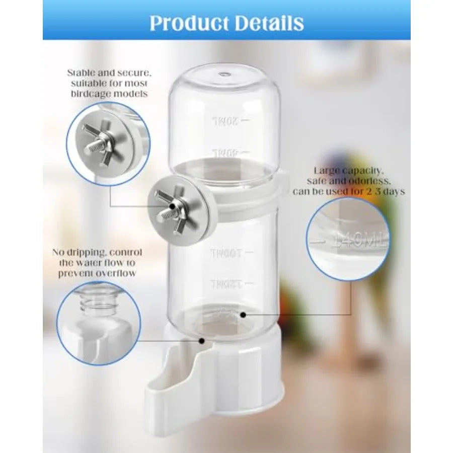 2 PCS Automatic Bird Cage Water Dispenser for Parakeet Parrot Feeder, Stainless Steel, Silver, Leak-Proof Hanging Drinking Syst