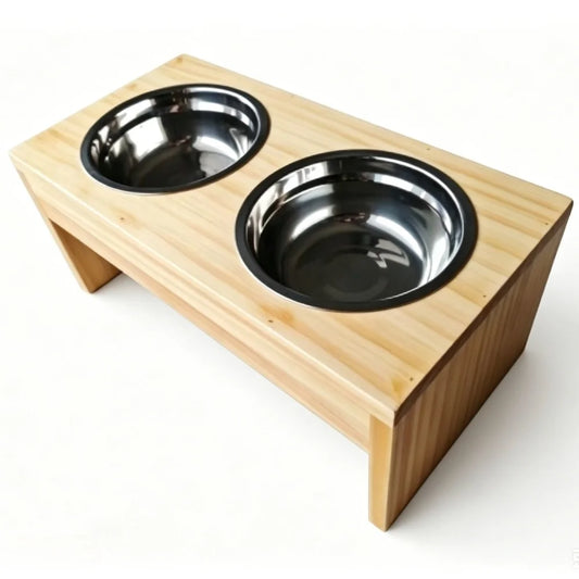 Elevated Wooden Dog Feeder With Stainless Steel Bowls