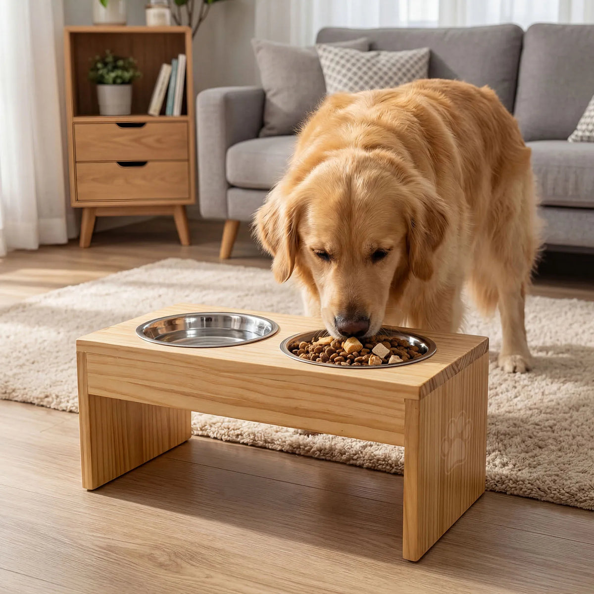 Elevated Wooden Dog Feeder With Stainless Steel Bowls