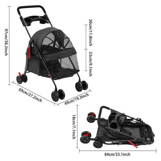 Foldable Pet Travel Stroller With Water Cup Holder