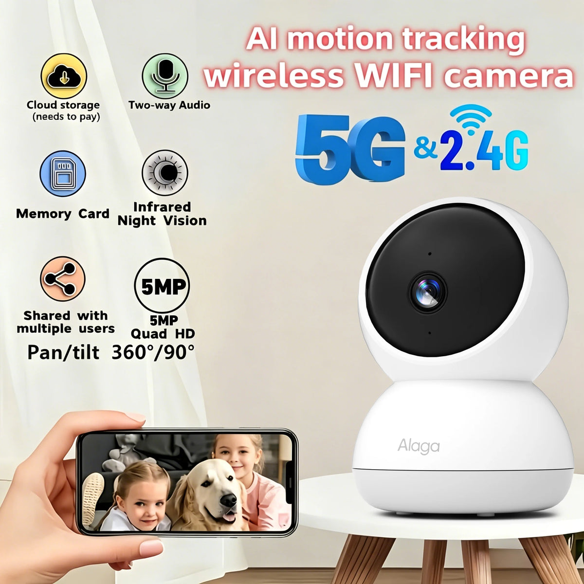 ALAGA 3K Pet Camera With Phone App 360 Pan Tilt 2 Way Audio