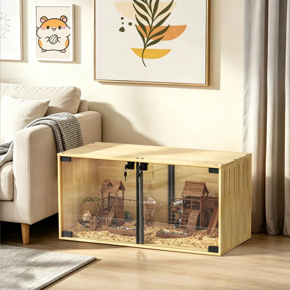 Wooden Hamster Cage Chewproof With Dual Doors And Divider
