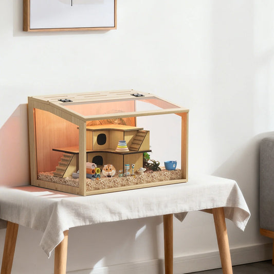 Natural Wood Hamster Cage With Built In LED Light