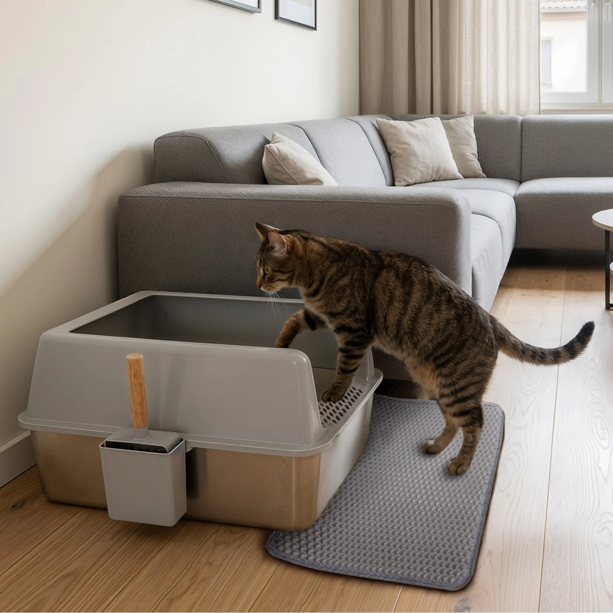 Stainless Steel Cat Litter Box With Litter Mat