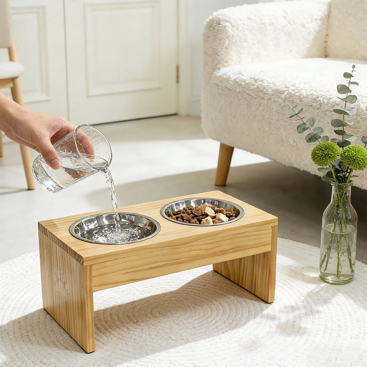 Elevated Wooden Dog Feeder With Stainless Steel Bowls