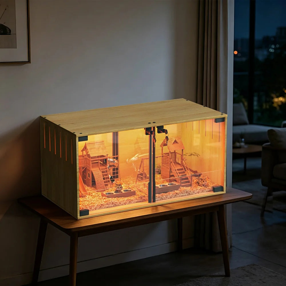 Wooden Hamster Cage Chewproof With Dual Doors And Divider