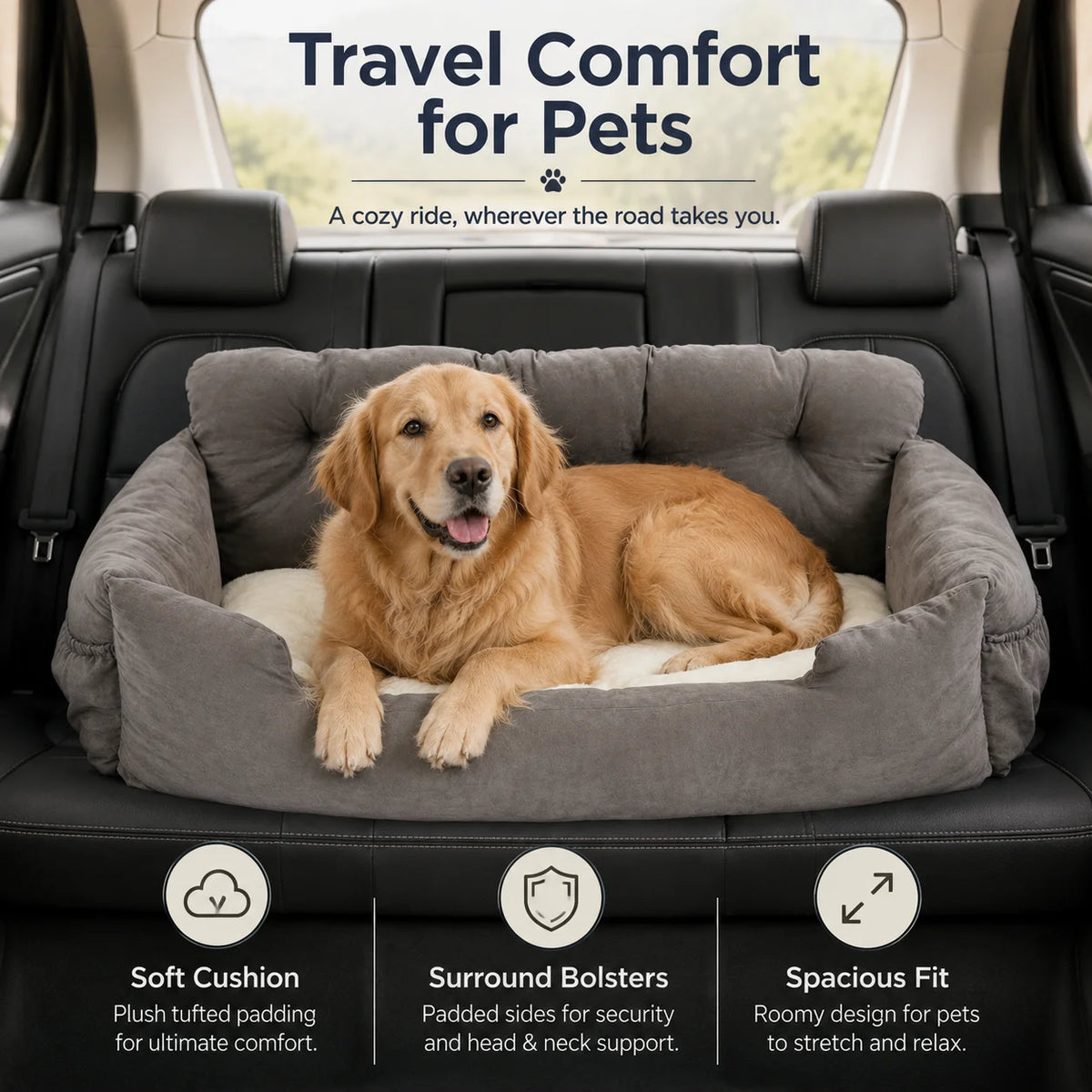 Portable Pet Car Seat With Safety Leash And Storage Pockets