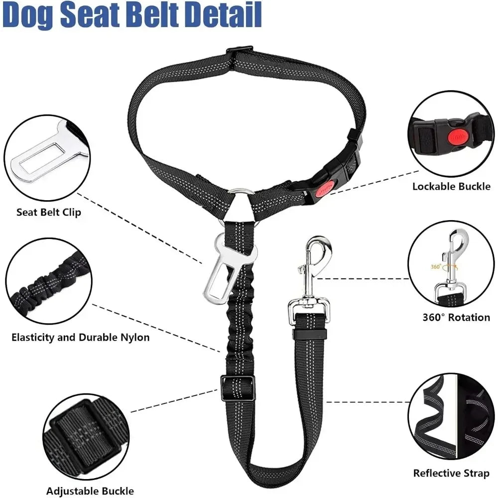 2-In-1 Adjustable Reflective Dog Car Seat Belt Restraint