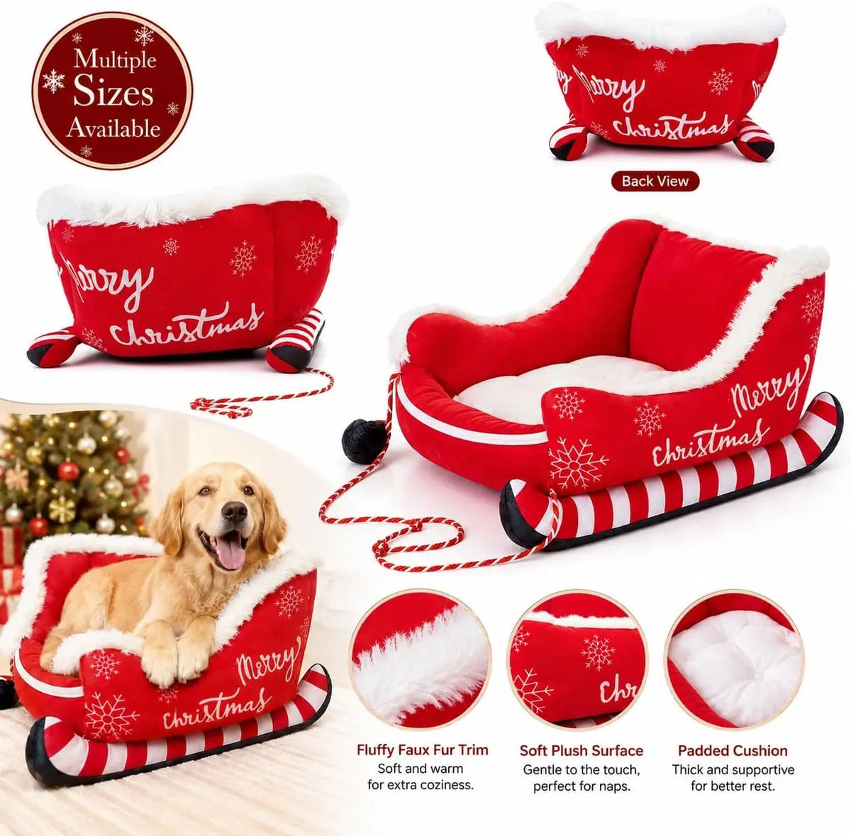 Christmas Sleigh Dog Bed With Plush Raised Sides