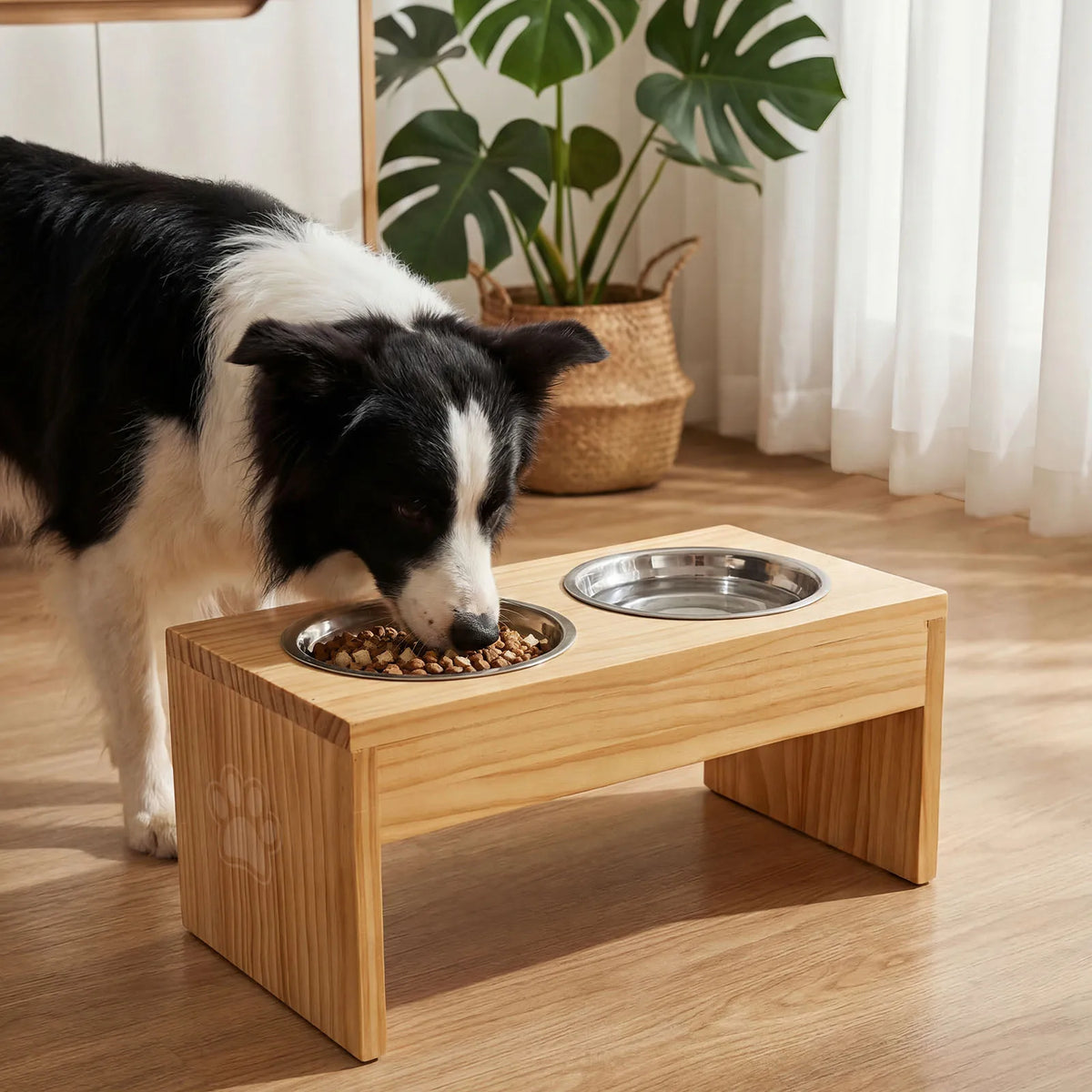 Elevated Wooden Dog Feeder With Stainless Steel Bowls