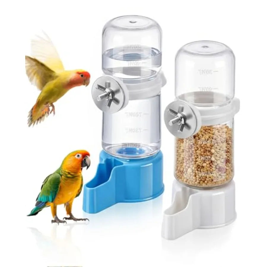 2 PCS Automatic Bird Cage Water Dispenser for Parakeet Parrot Feeder, Stainless Steel, Silver, Leak-Proof Hanging Drinking Syst