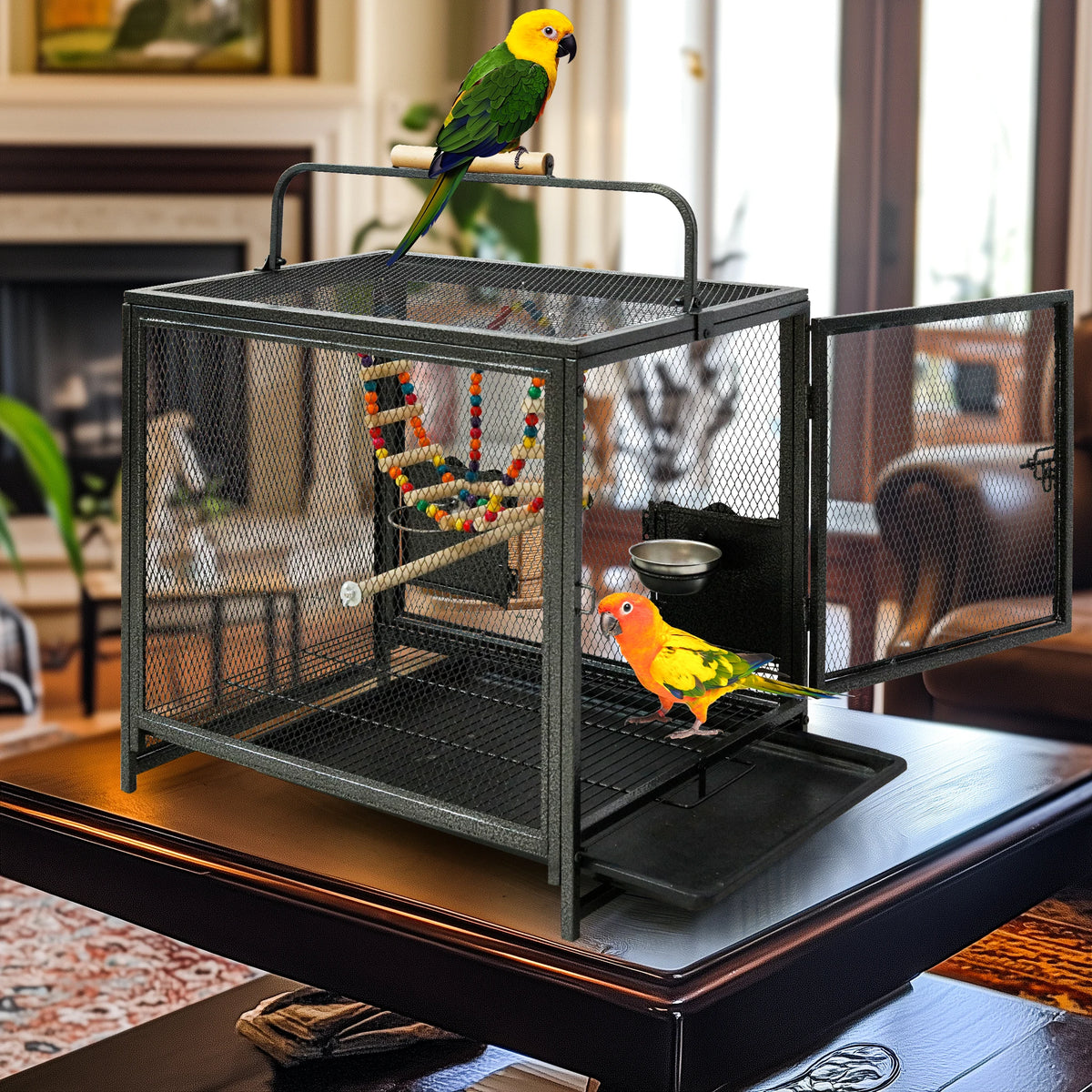 Wrought Iron Travel Bird Cage With Handle Perch Seed Guard