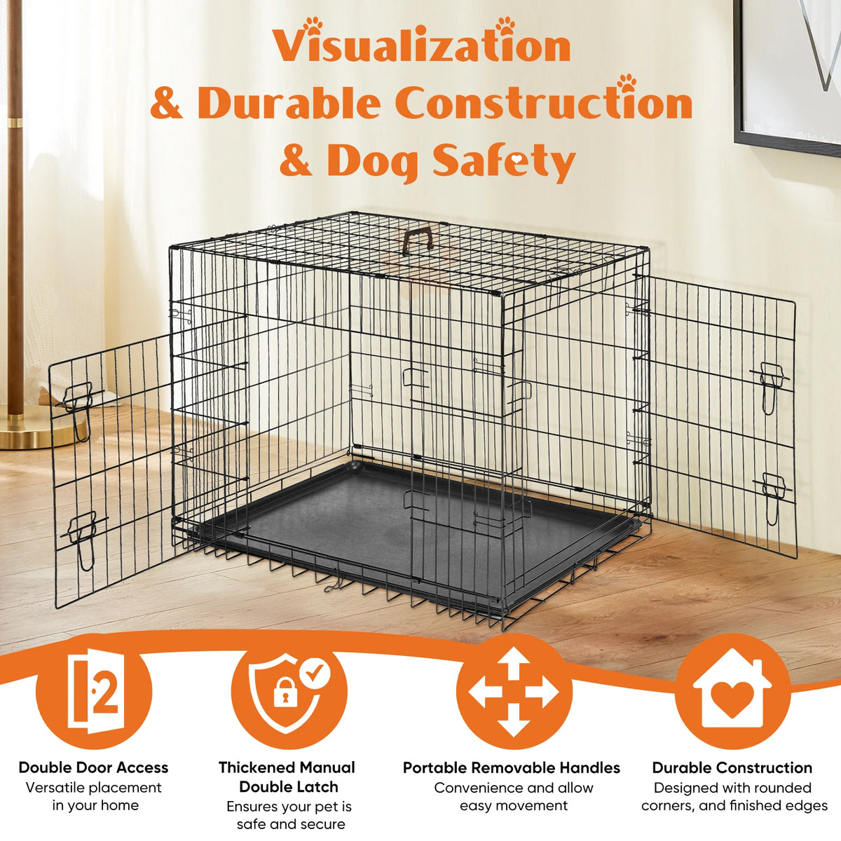 JHK Double Door Folding Metal Dog Cage With Leak-Proof Pan