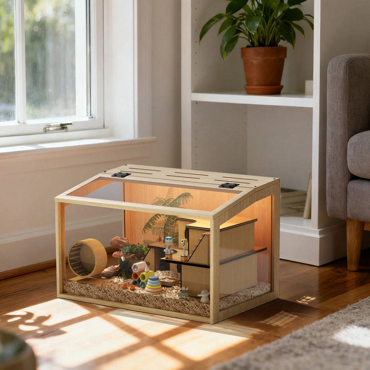 Natural Wood Hamster Cage With Built In LED Light