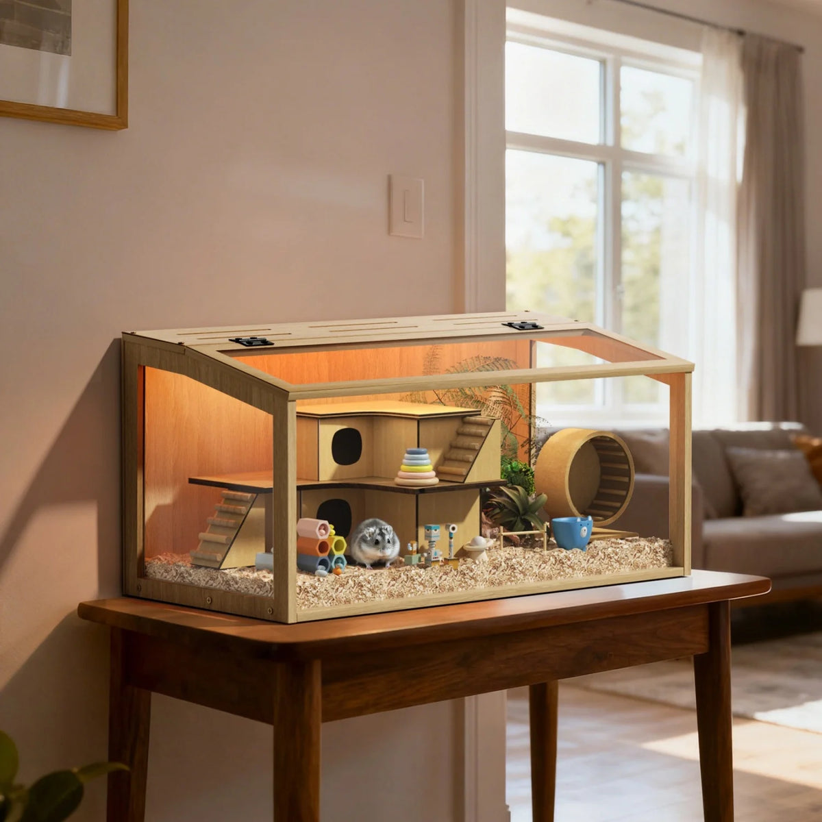 Natural Wood Hamster Cage With Built In LED Light