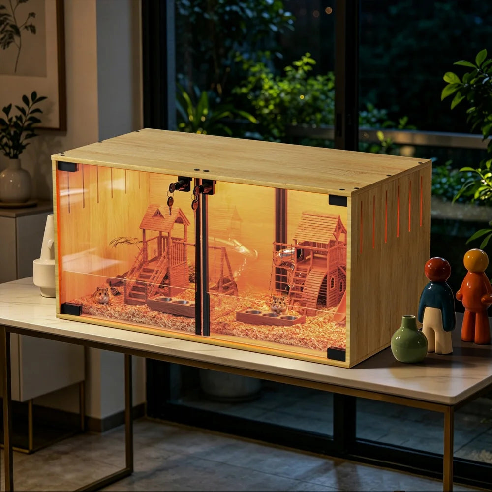 Wooden Hamster Cage Chewproof With Dual Doors And Divider