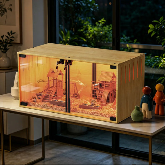Wooden Hamster Cage Chewproof With Dual Doors And Divider