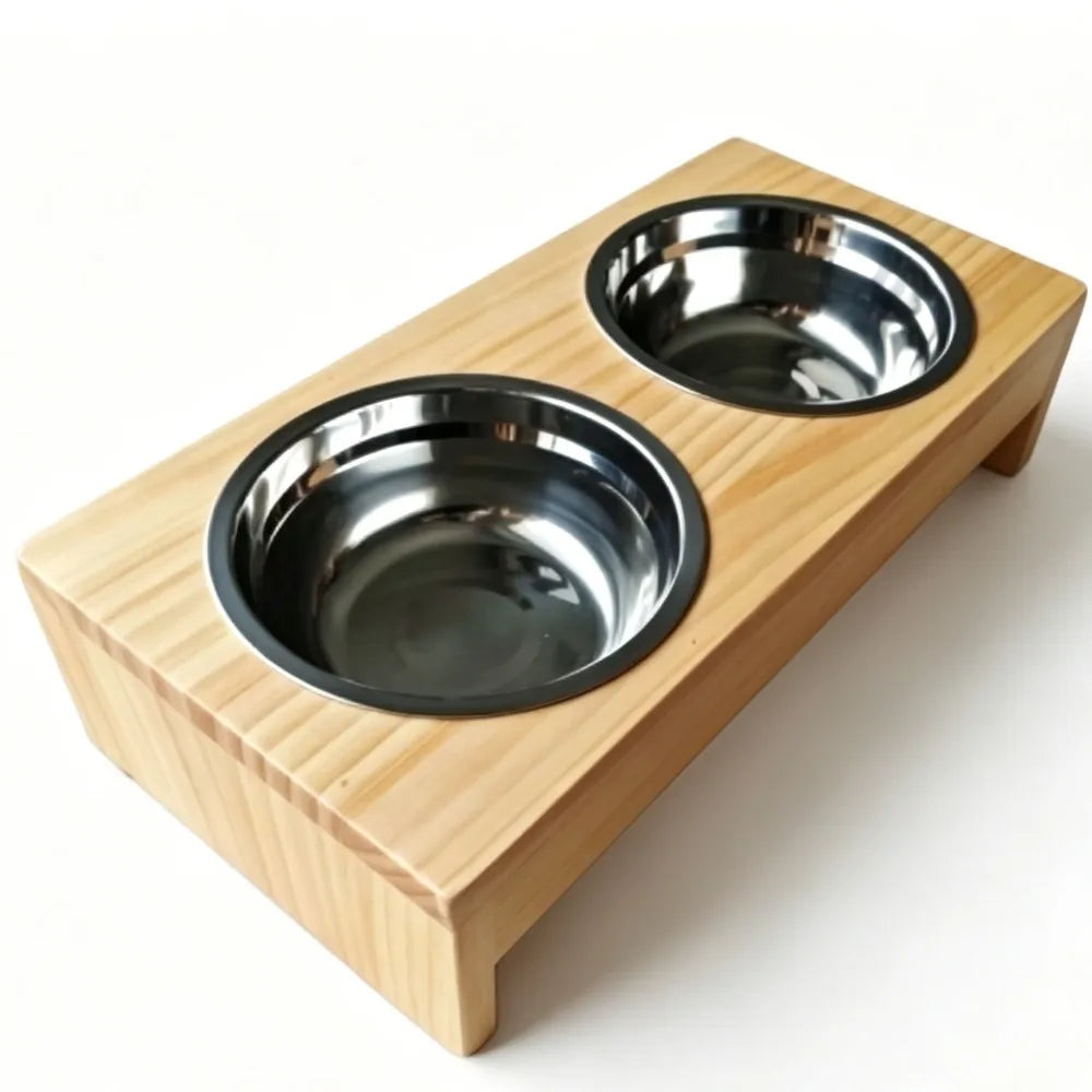 Elevated Wooden Dog Feeder With Stainless Steel Bowls