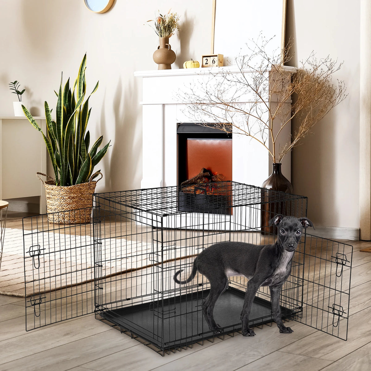 JHK Double Door Folding Metal Dog Cage With Leak-Proof Pan