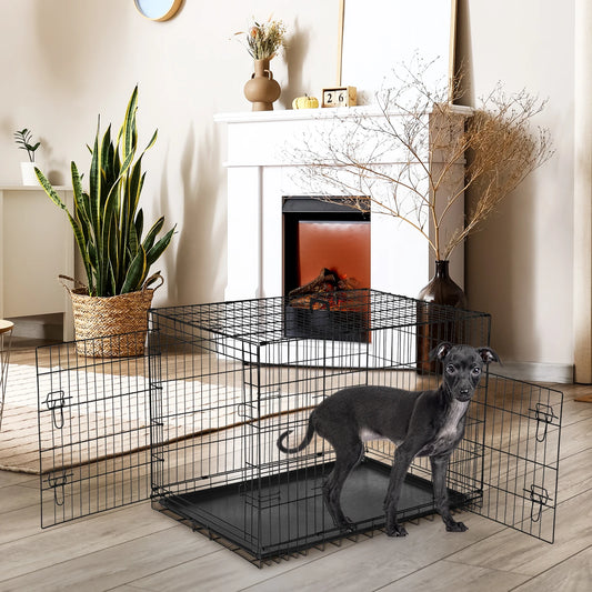 JHK Double Door Folding Metal Dog Cage With Leak-Proof Pan