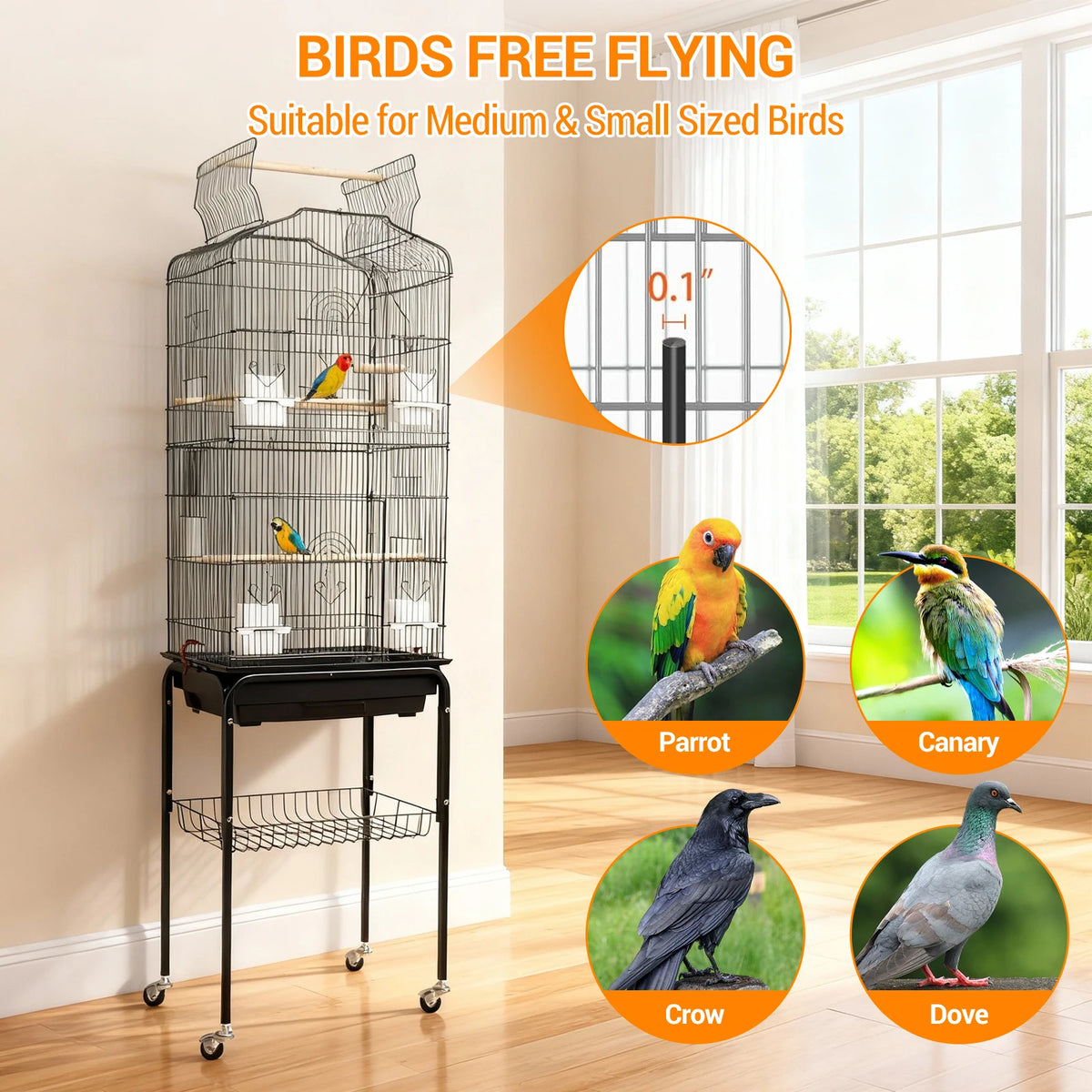 HiMISS Bird Cage With Playtop And Rolling Stand