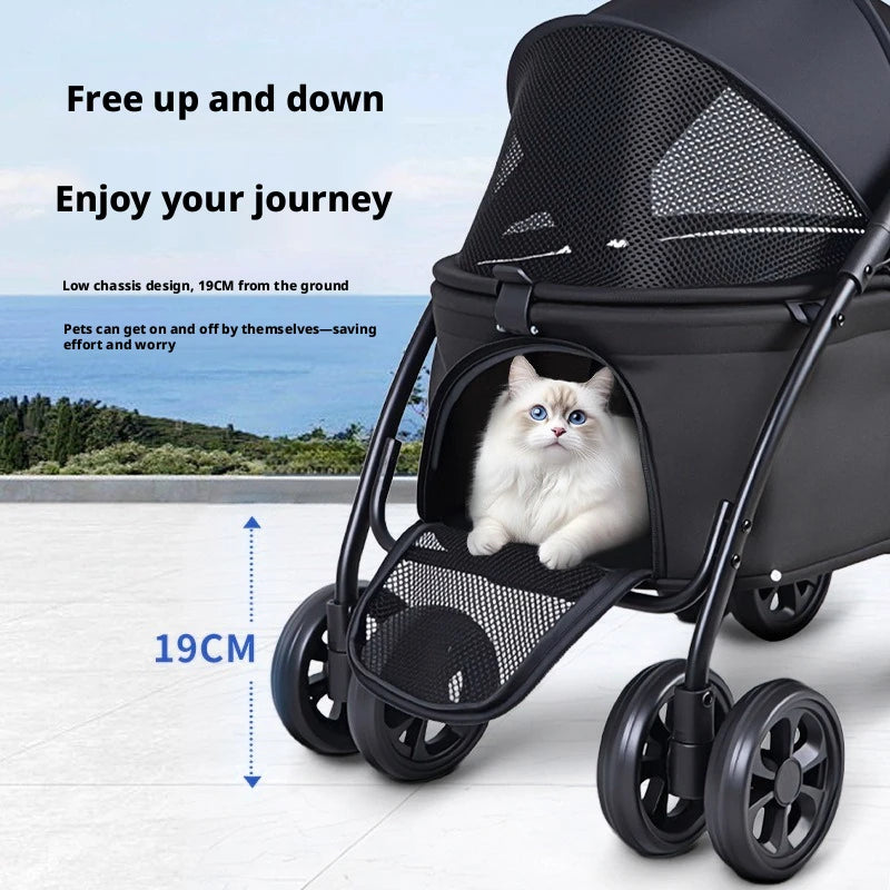 Foldable Pet Stroller With Shock Absorbing Wheels