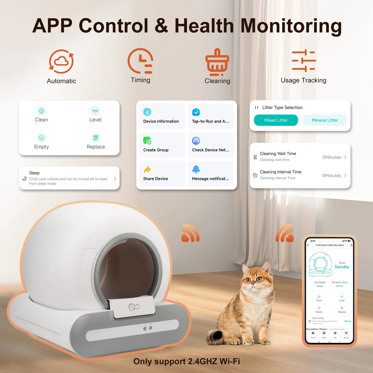 DOEL Self Cleaning Cat Litter Box With 2.4G WiFi App Control