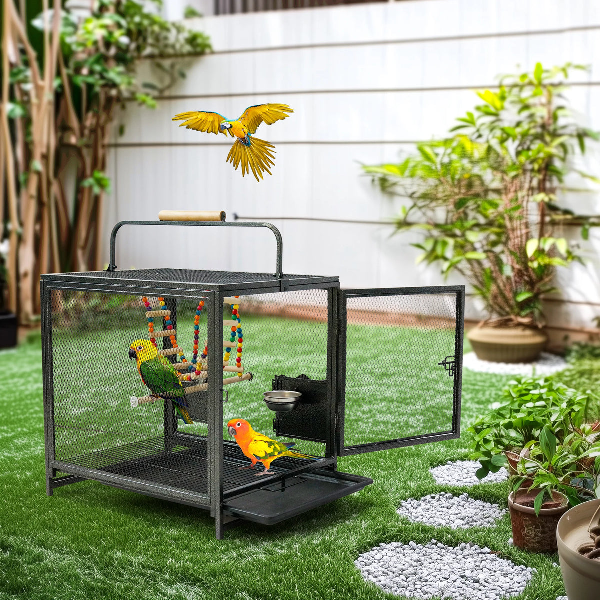 Wrought Iron Travel Bird Cage With Handle Perch Seed Guard