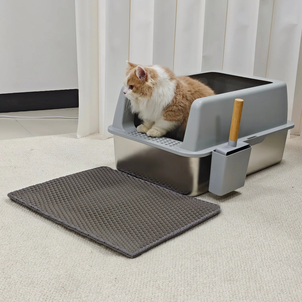 Stainless Steel Cat Litter Box With Litter Mat
