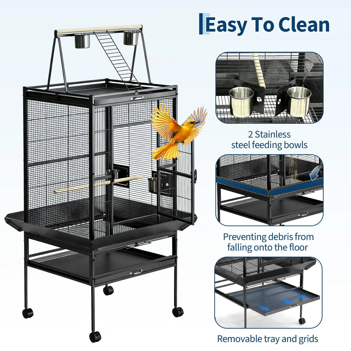 HiMISS Bird Cage With Rolling Stand And Play Top