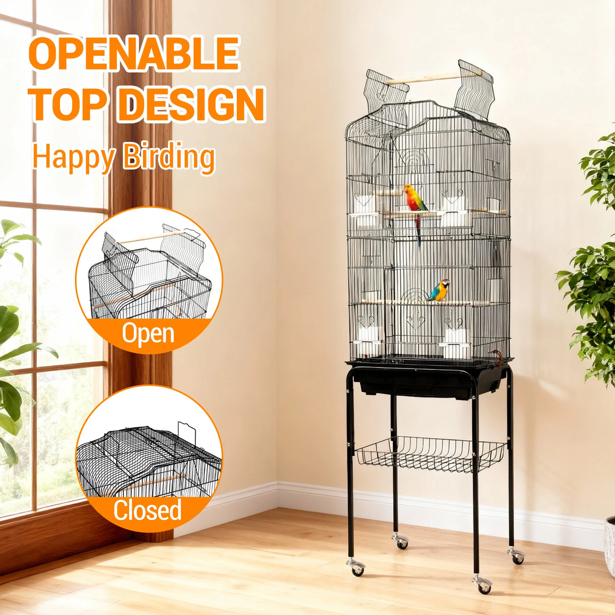 HiMISS Bird Cage With Playtop And Rolling Stand