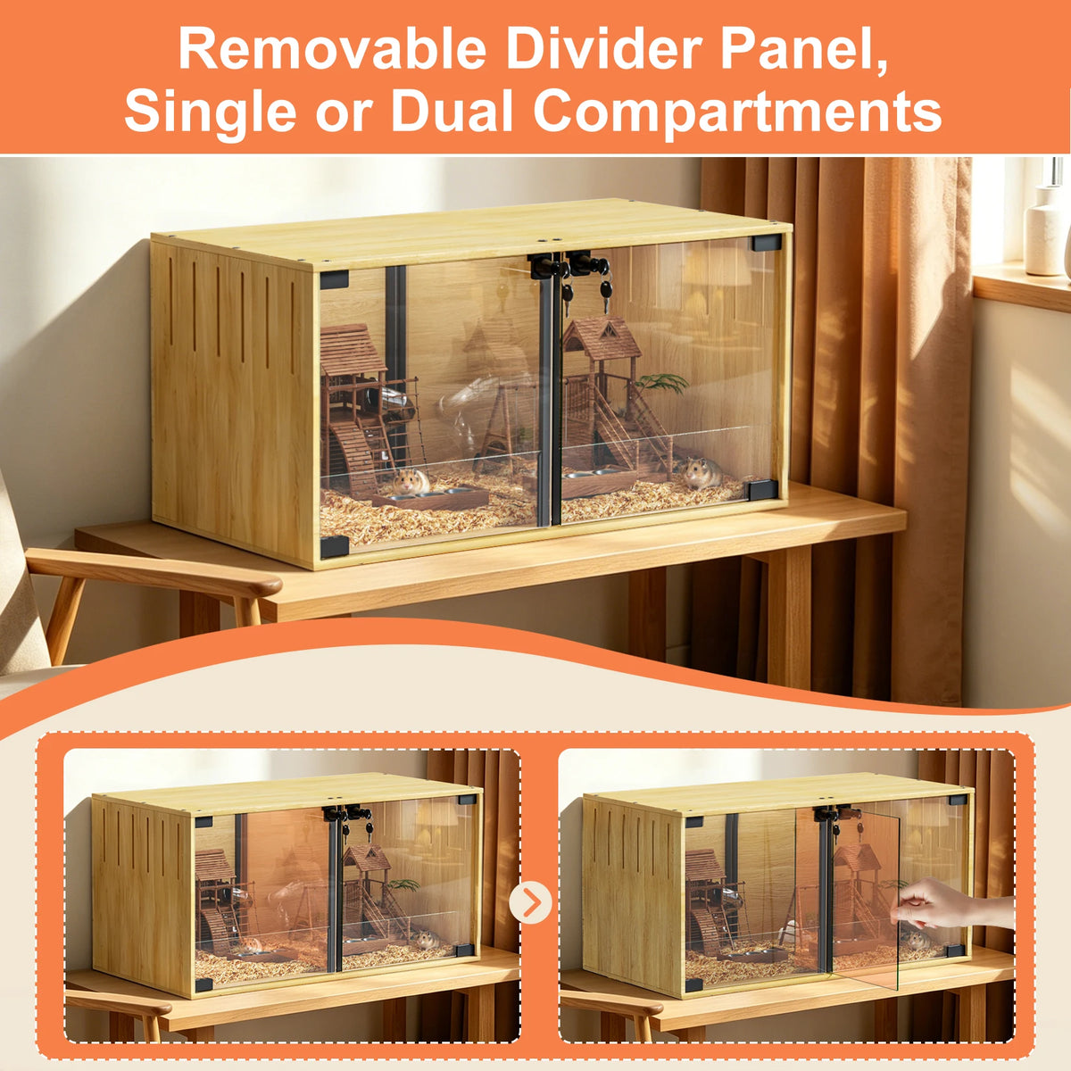 Wooden Hamster Cage Chewproof With Dual Doors And Divider