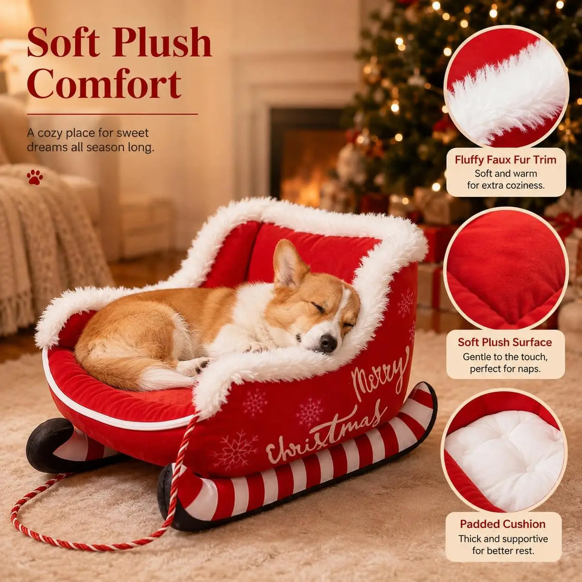 Christmas Sleigh Dog Bed With Plush Raised Sides