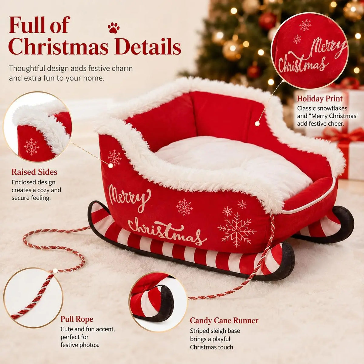 Christmas Sleigh Dog Bed With Plush Raised Sides