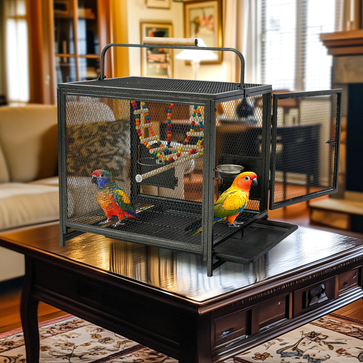 Wrought Iron Travel Bird Cage With Handle Perch Seed Guard