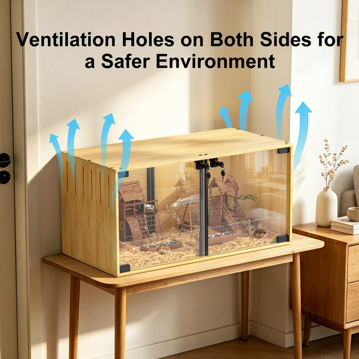 Wooden Hamster Cage Chewproof With Dual Doors And Divider