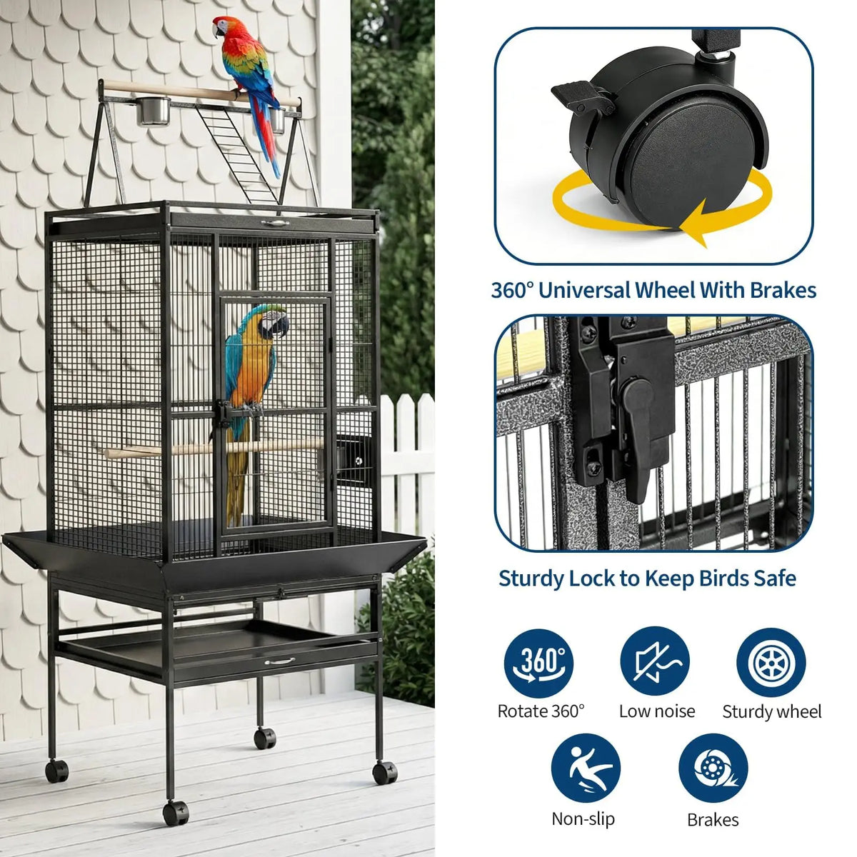 HiMISS Bird Cage With Rolling Stand And Play Top