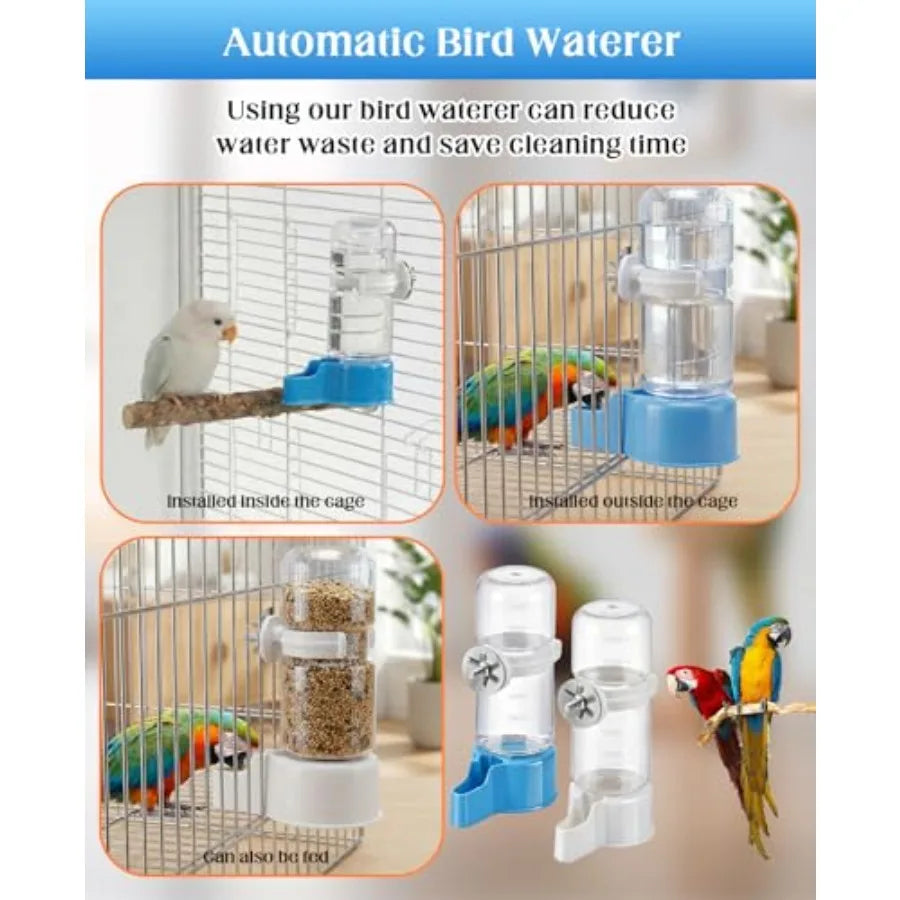 2 PCS Automatic Bird Cage Water Dispenser for Parakeet Parrot Feeder, Stainless Steel, Silver, Leak-Proof Hanging Drinking Syst