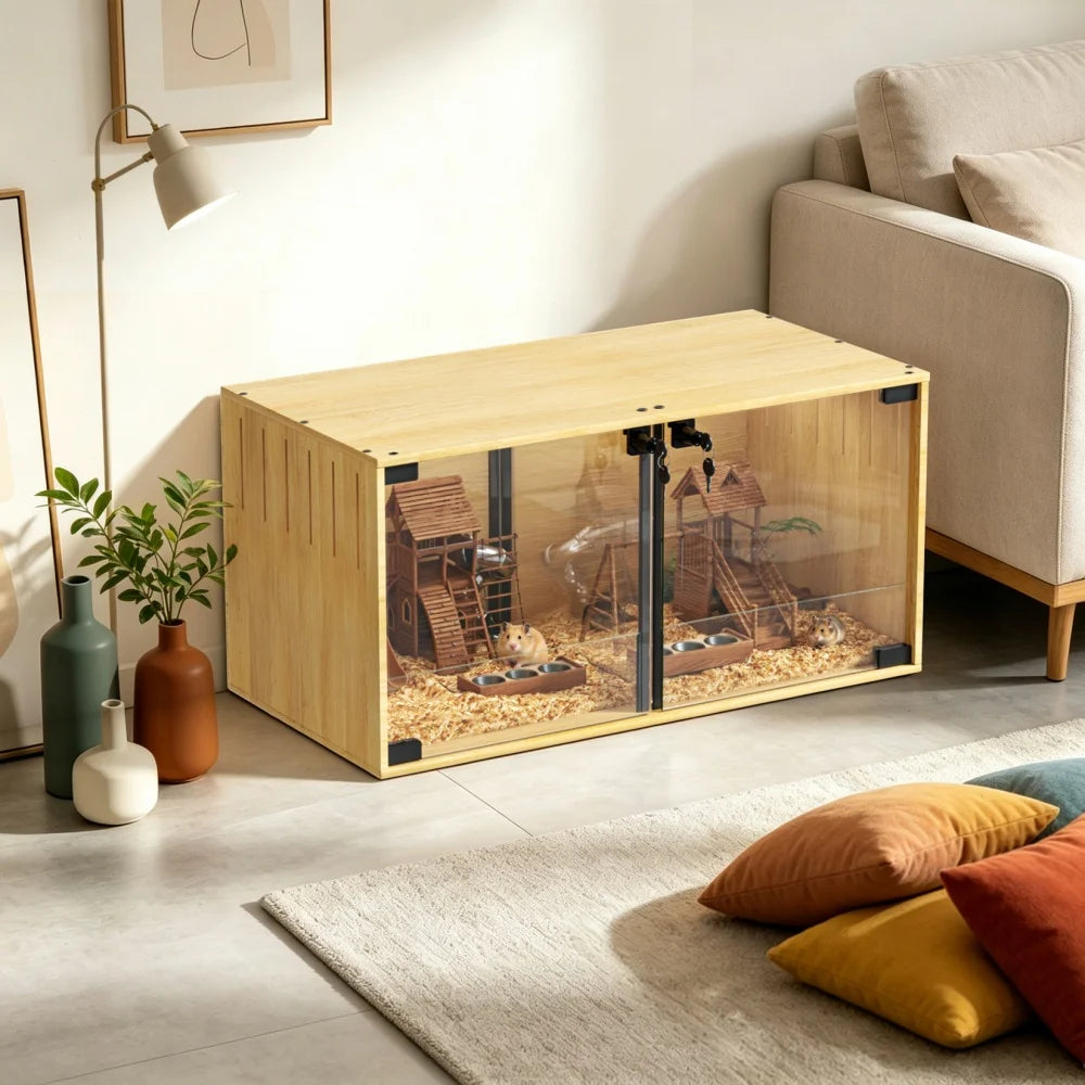 Wooden Hamster Cage Chewproof With Dual Doors And Divider