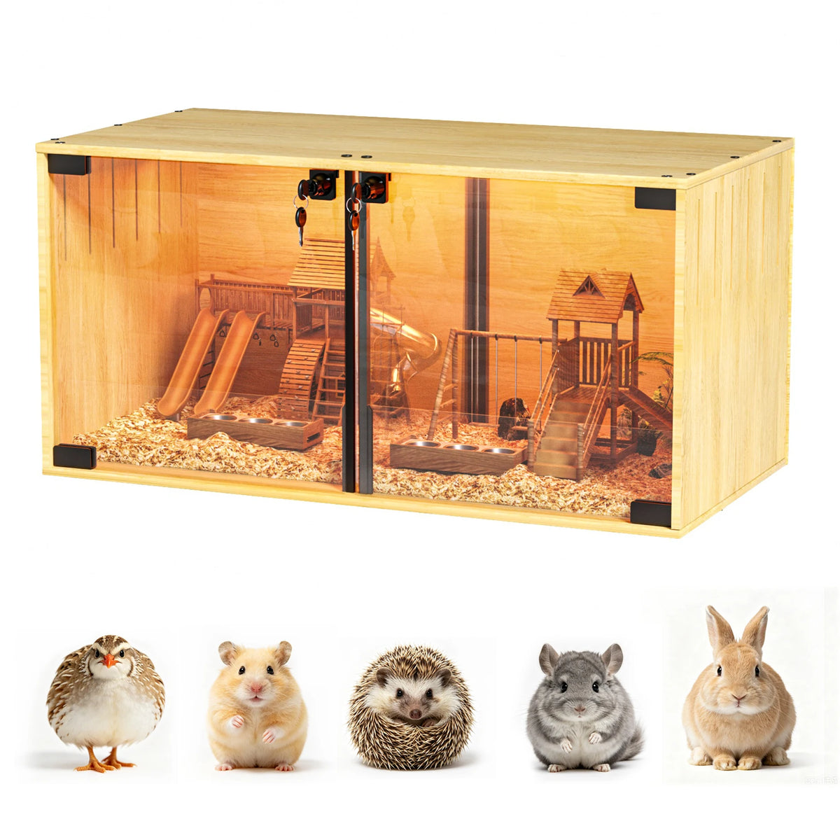 Wooden Hamster Cage Chewproof With Dual Doors And Divider