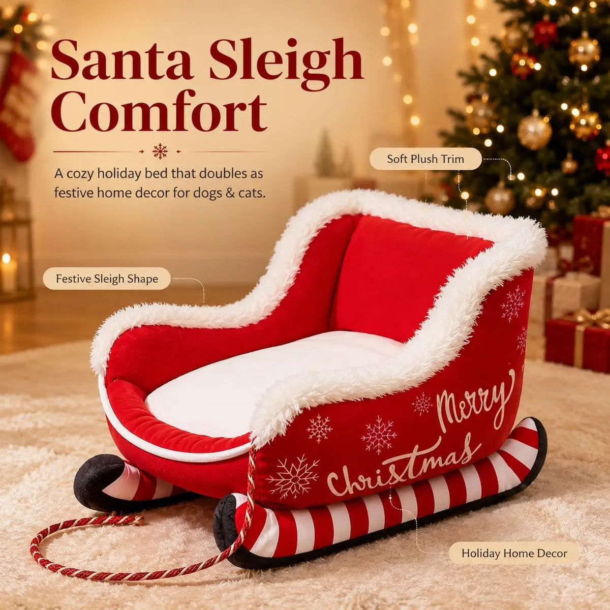 Christmas Sleigh Dog Bed With Plush Raised Sides