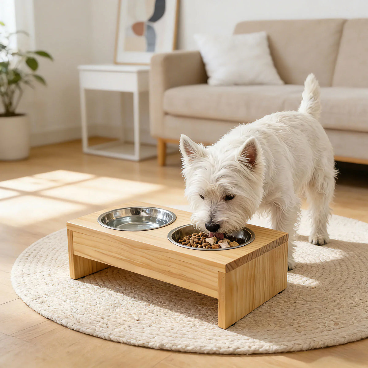 Elevated Wooden Dog Feeder With Stainless Steel Bowls